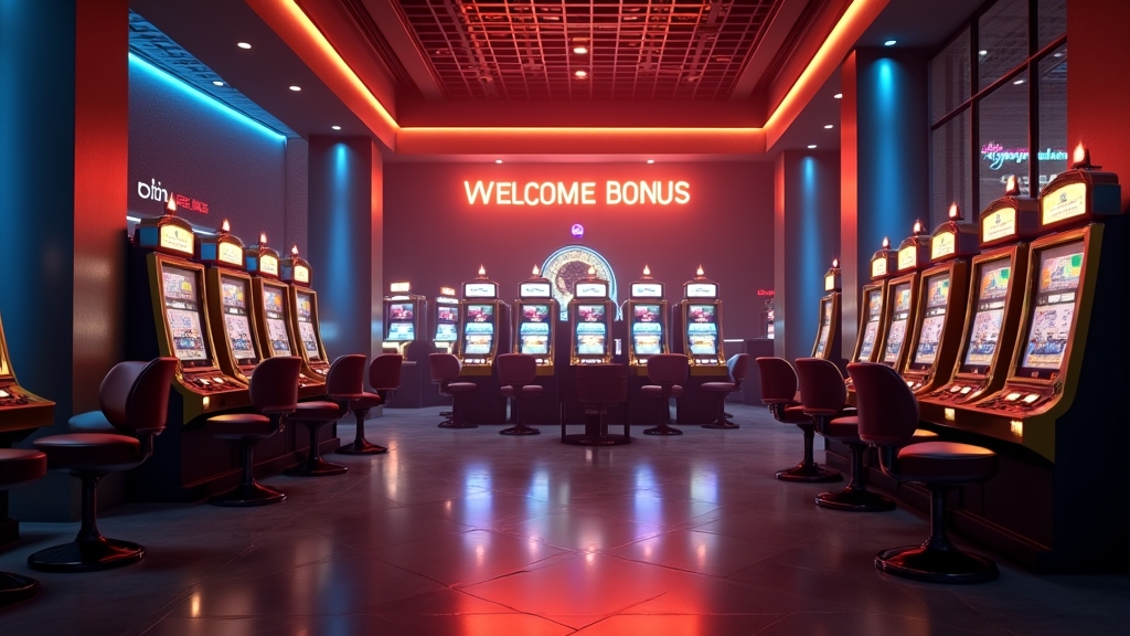 Salle de casino sombre avec machine à sous et visuels de bonus de bienvenue